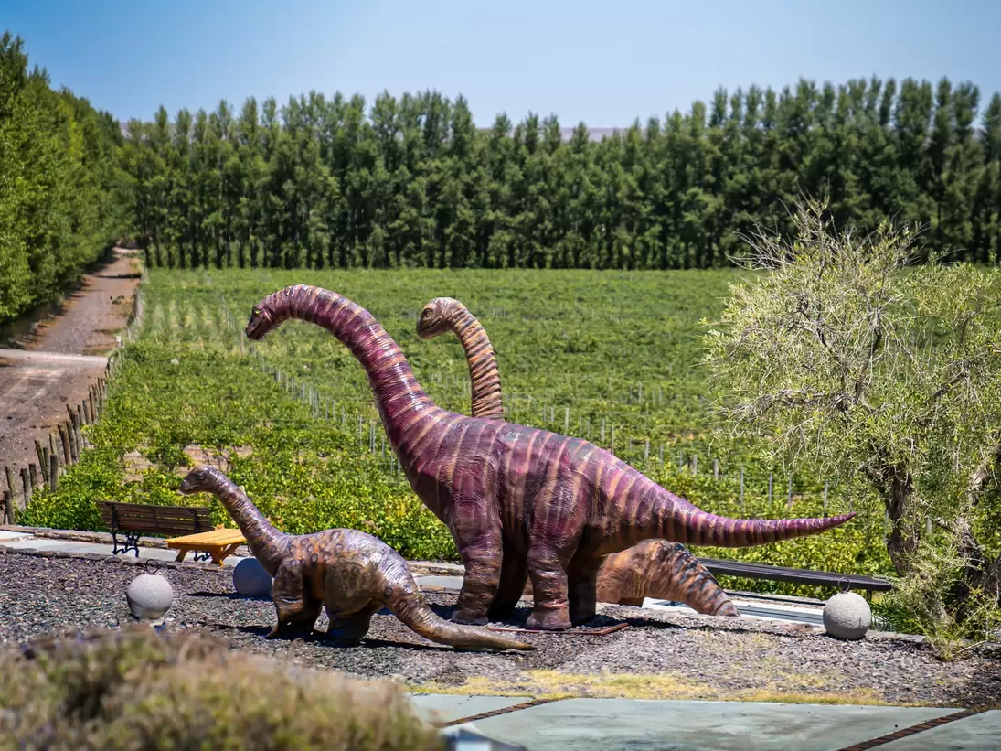 Dinosaur sculptures at the Bodega Familia Schroeder winery in Neuquén, Bariloche, Argentina. 