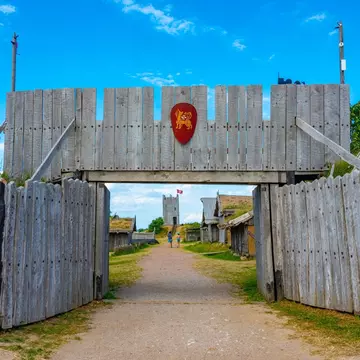 Höllviken, Sweden - August 5, 2018 - Recreated Viking Age settlement at Foteviken Museum in southern Skåne (Scania); Shutterstock ID 1167991795;