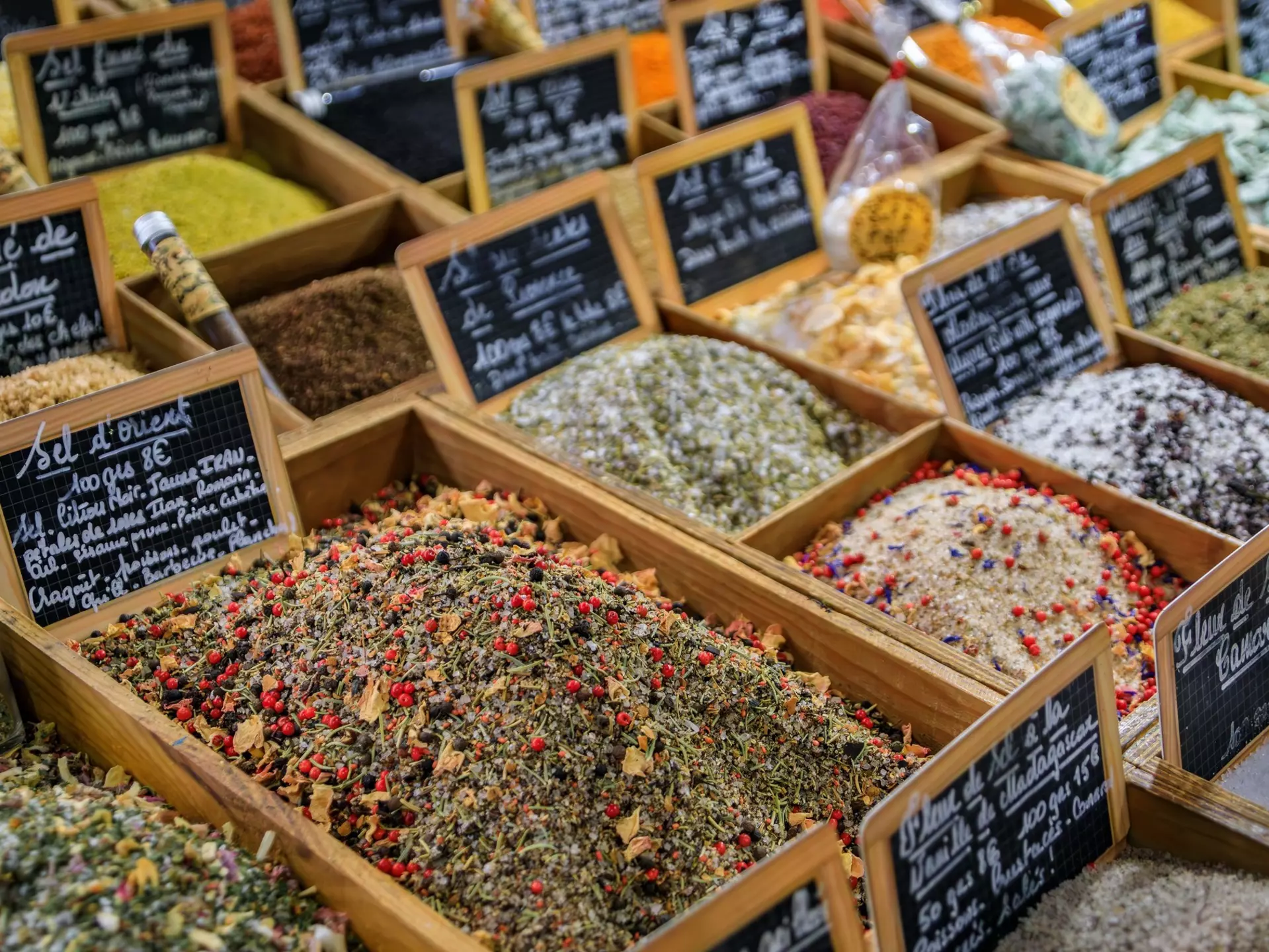 Exotic flavored salts with herbs and spices for sale at a local covered provencal farmers market hall in old town or Vieil Antibes, South of France, License Type: media, Download Time: 2025-12-09T22:12:31.000Z, User: Norma.PrauseBrewer_LonelyPlanet, Editorial: false, purchase_order: 56530 - Guidebooks, job: Global Publishing WIP, client: Europe 5, other: Norma Brewer