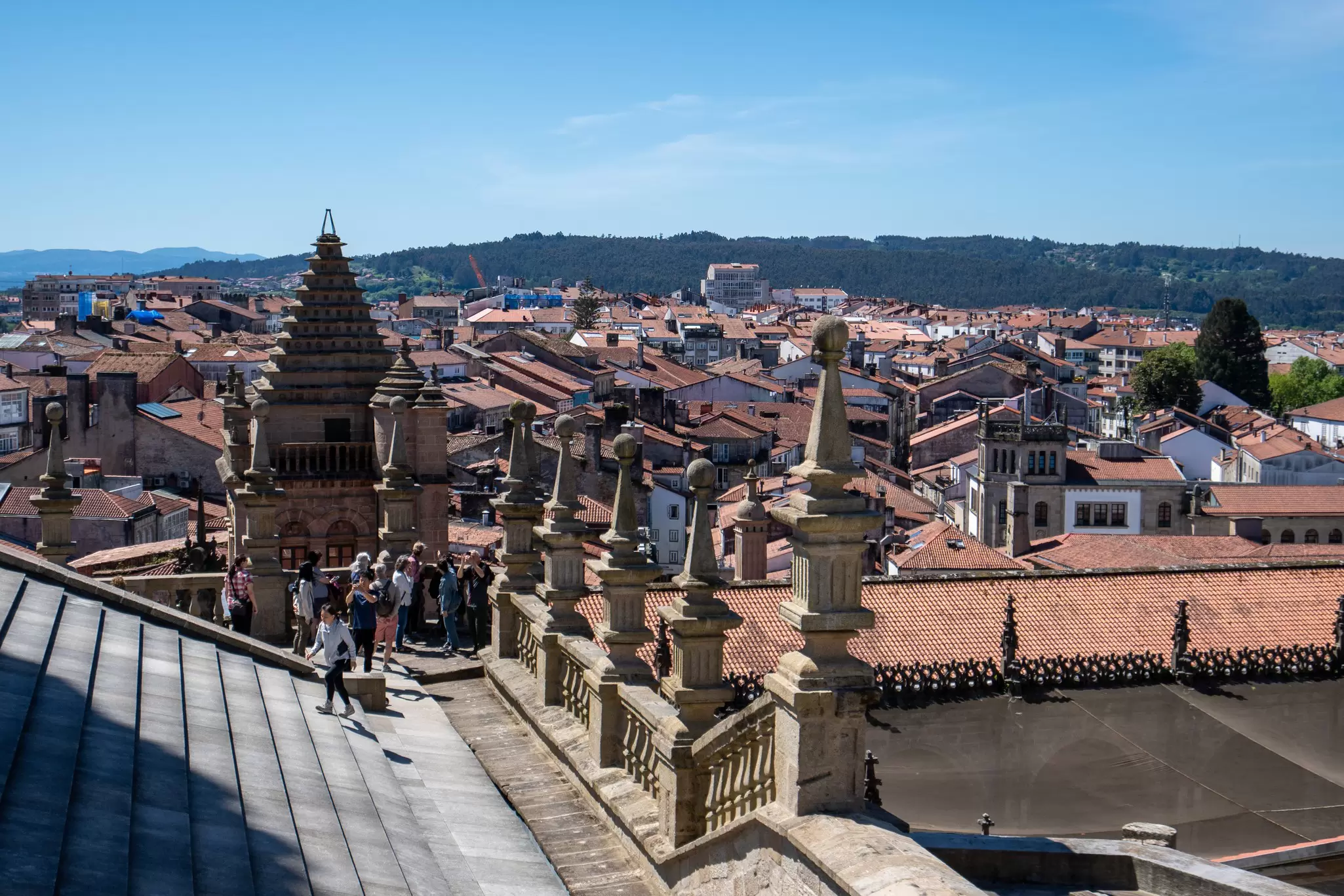 View over the city from the rooftop of the Catedral de Santiago de Compostela in Spain.
