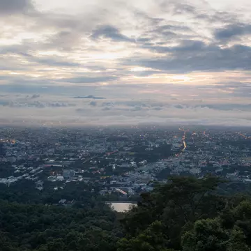 View over the city from Doi Suthep Viewpoint 1 in Doi Suthep-Pui National Park, Chiang Mai, Thailand.