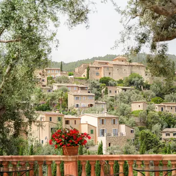 Historic stone homes built on a hill in a village are seen from a outdoor terrace framed by trees and potted flowers.