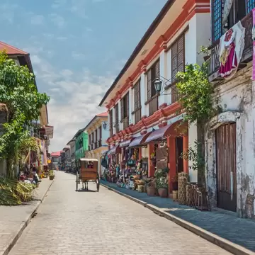 A horse and carriage on a cobbled street in a small town.