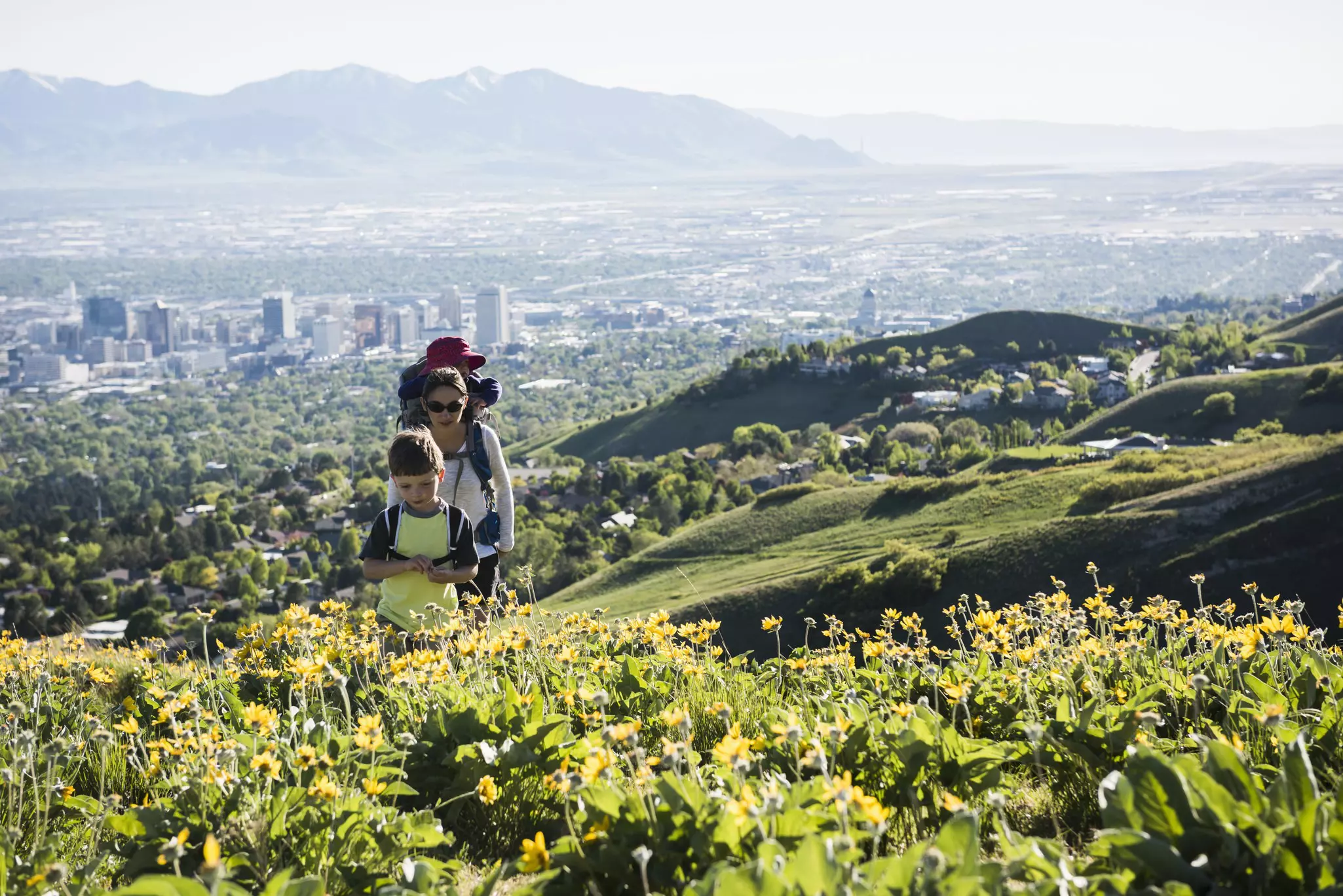 An adult and child walking in a hilly green landscape with blooming flowers.