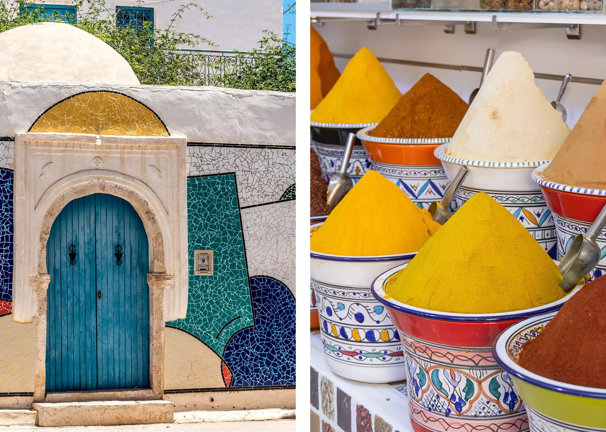 Left, a blue door with a tile mural surrounding it; right, close up of spices for sale in colorful pottery