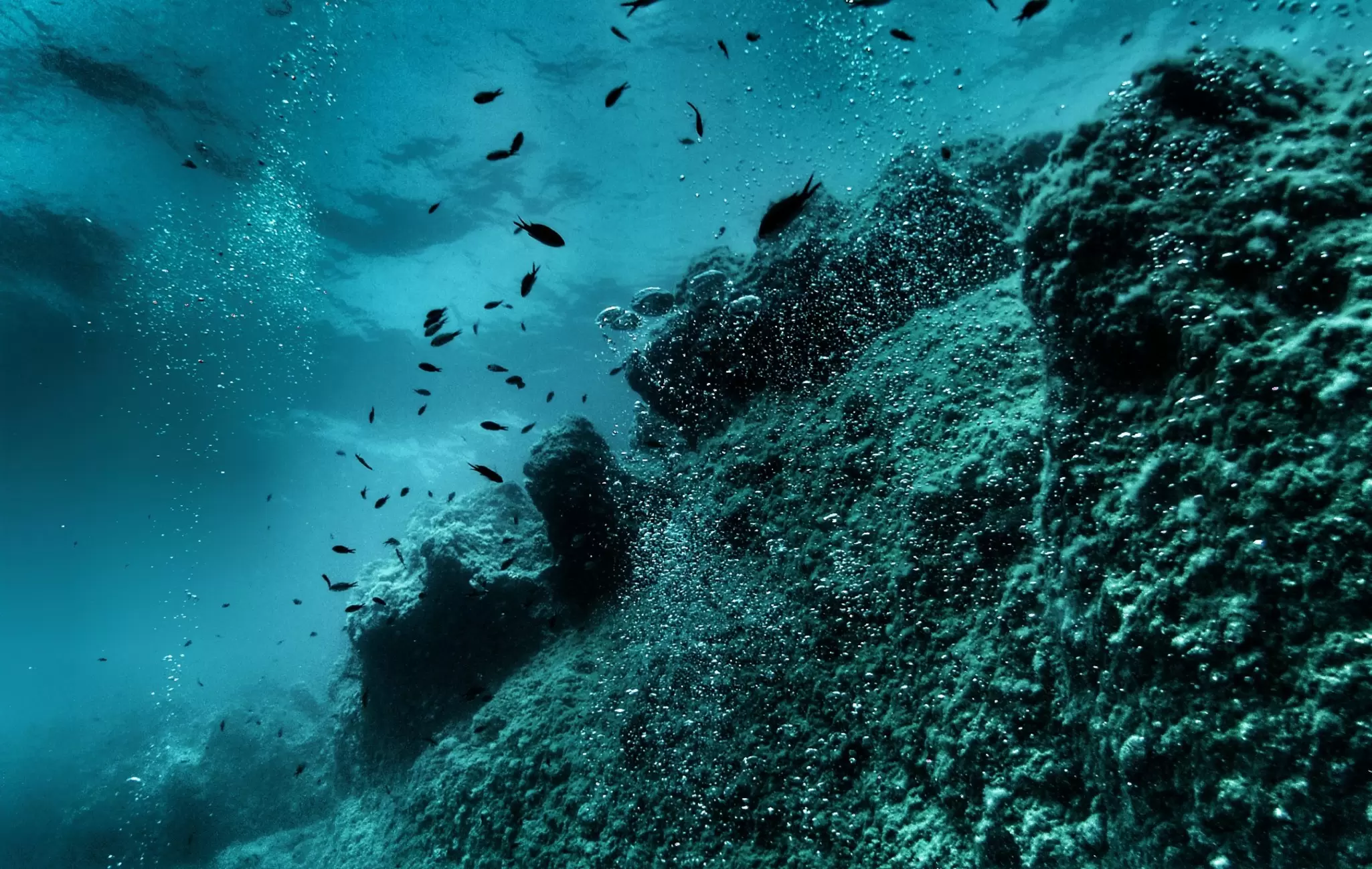 Underwater bubbles float upwards through the ocean during a scuba dive near Crete, Greece.