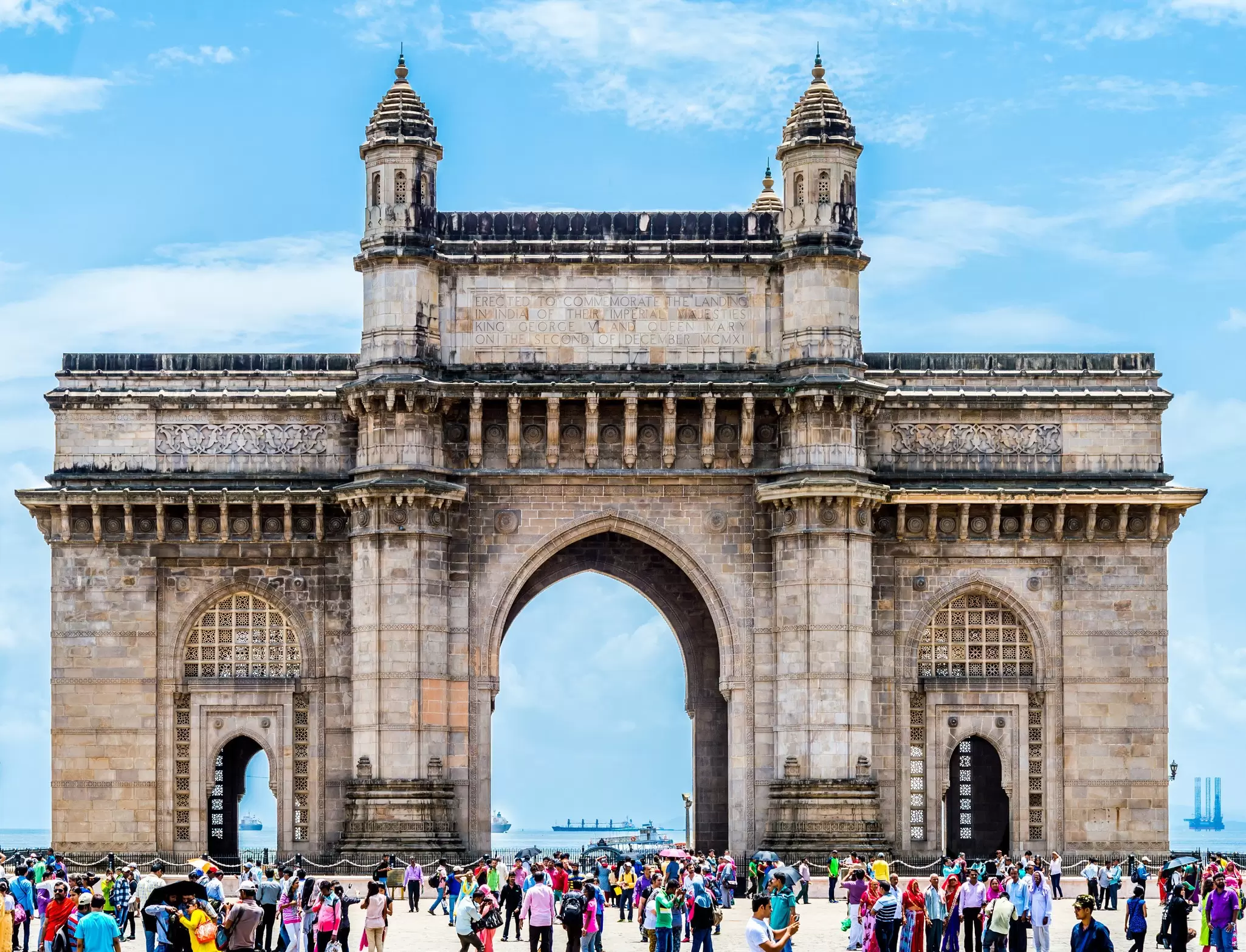 View  of Gateway of India in Mumbai, India with crowds in front