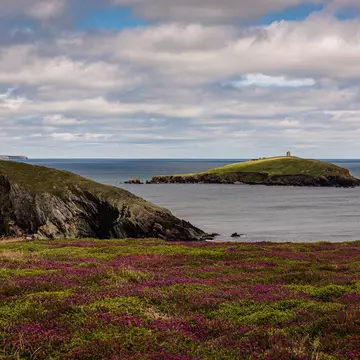 Colorful row houses with a towering cathedral in the background in the port town of Cobh, County Cork, Ireland. 