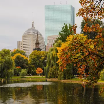 A lake in a park is surrounded by trees with autumn leaves.
