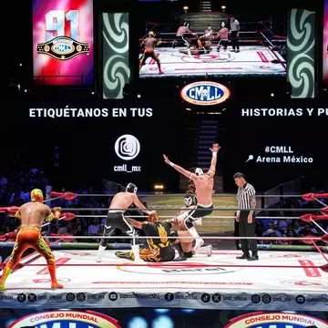 Several wrestlers in costume in a ring with a referee. 