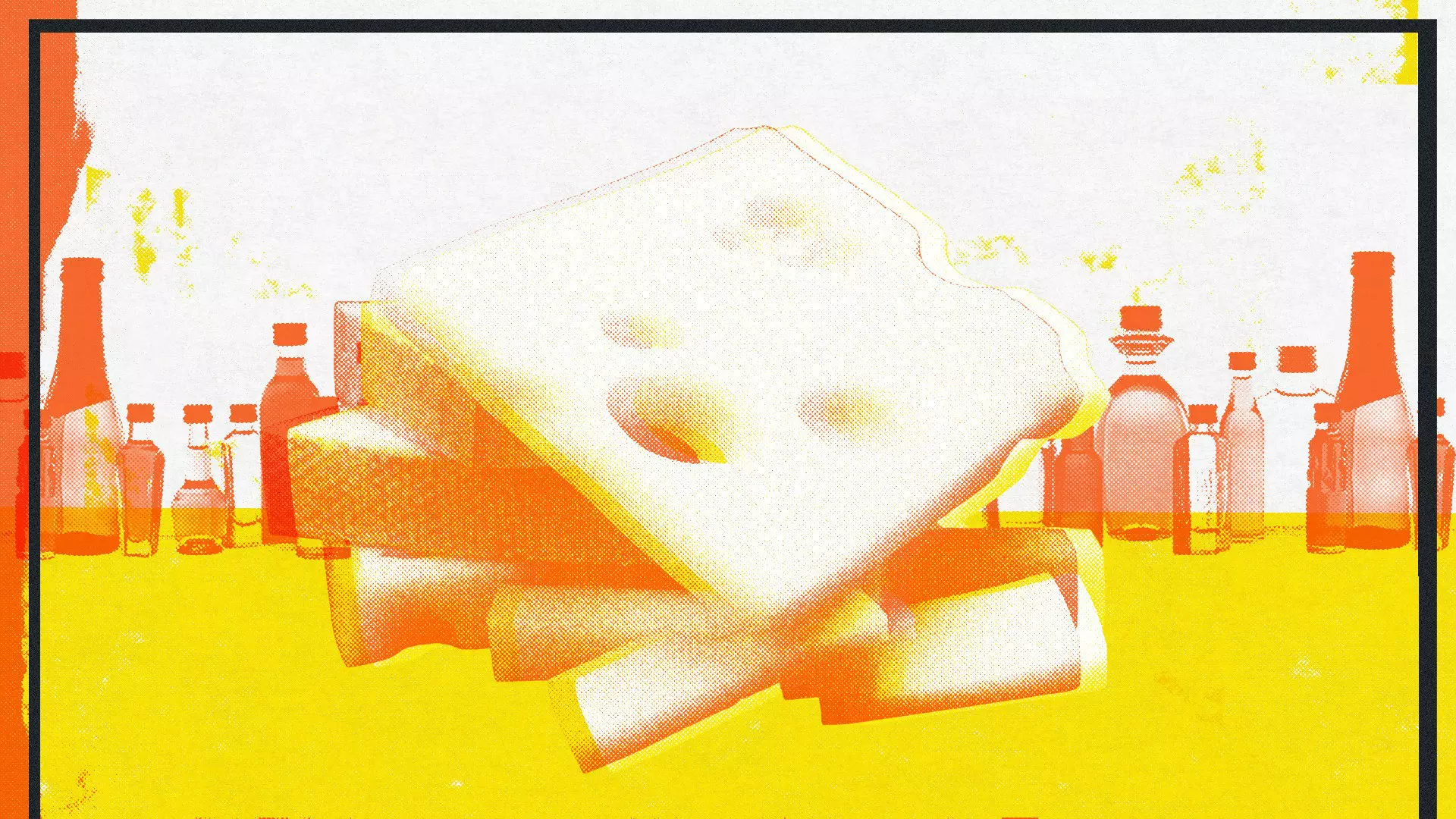 A large pile of cheese in front of a row of bottles of alcohol 