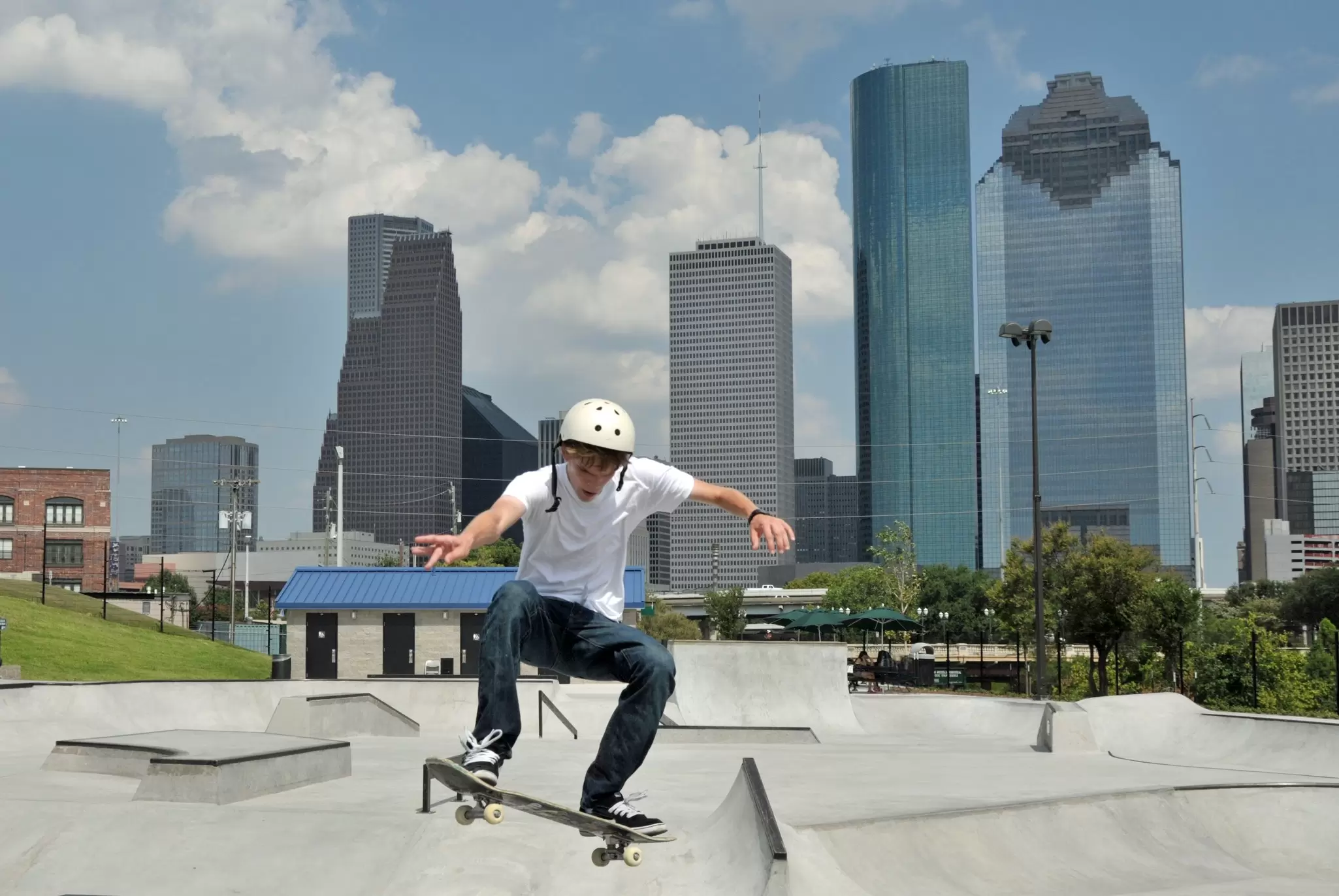A skateboarder at a park in Houston, Texas
