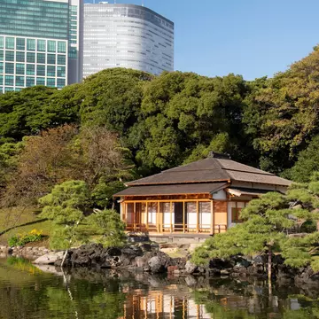 Tokyo, Japan - October 3, 2016: View at modern skyscrapers and  Hamarikyu Gardens in Tokyo. It is a public park opened April 1, 1946.