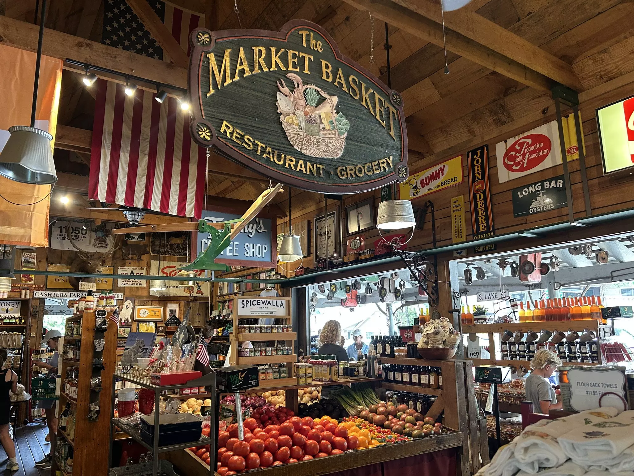 Shelves of produce and other goods at Cashiers Farmers Market in Cashiers, North Carolina