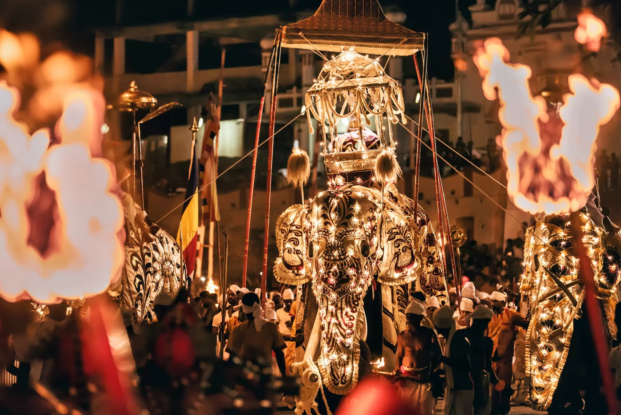 A majestic tusker Nadungamuwe Raja with flames and revellers at the Esala Perahera festival, Sri Lanka