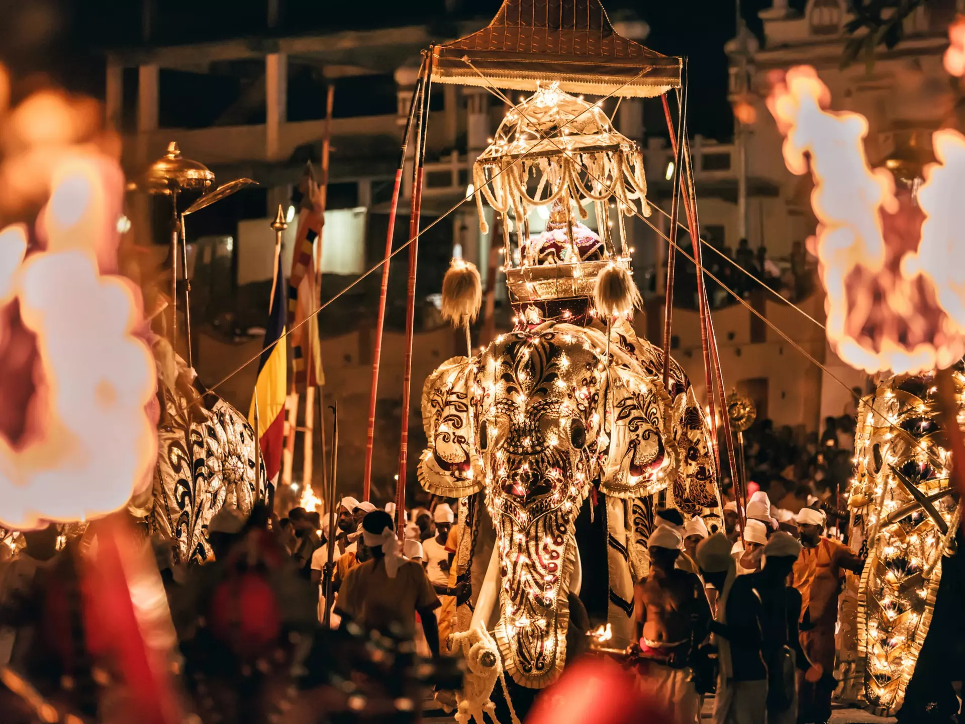 A majestic tusker Nadungamuwe Raja with flames and revellers at the Esala Perahera festival, Sri Lanka
