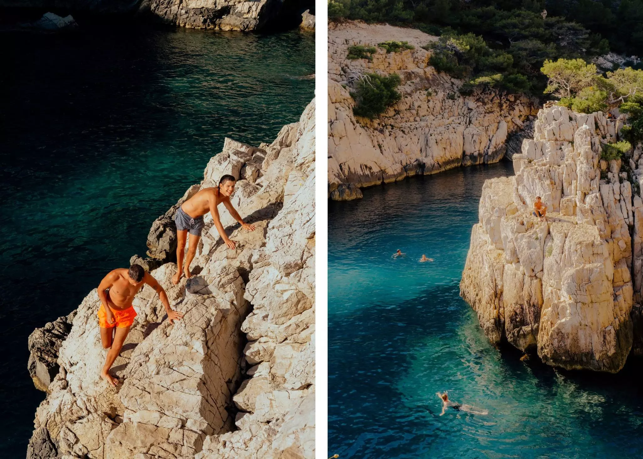 Left, children climb rocks high above blue water; right, people swim below rocky cliffs as one person sits on the rocks.