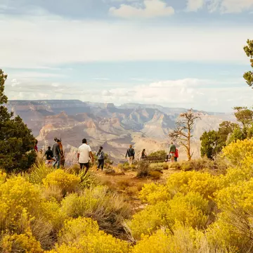 People at viewpoint over the rim of a vast red-rock canyon.