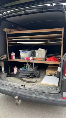 The back of Pol Skardelli's van on a plein air painting excursion in Oyndarfjørður, Faroe IslandsPlein air painting in Oydarfhørður, Faroe Islands