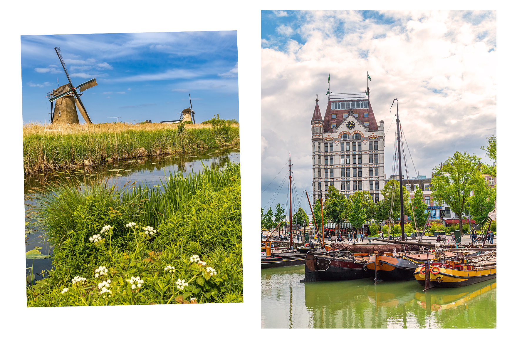 Left: Kinderdijk village near Rotterdam. Right: Rotterdam old harbor