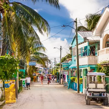 People walk down a dusty street with colorful houses and palm trees on a sunny day.