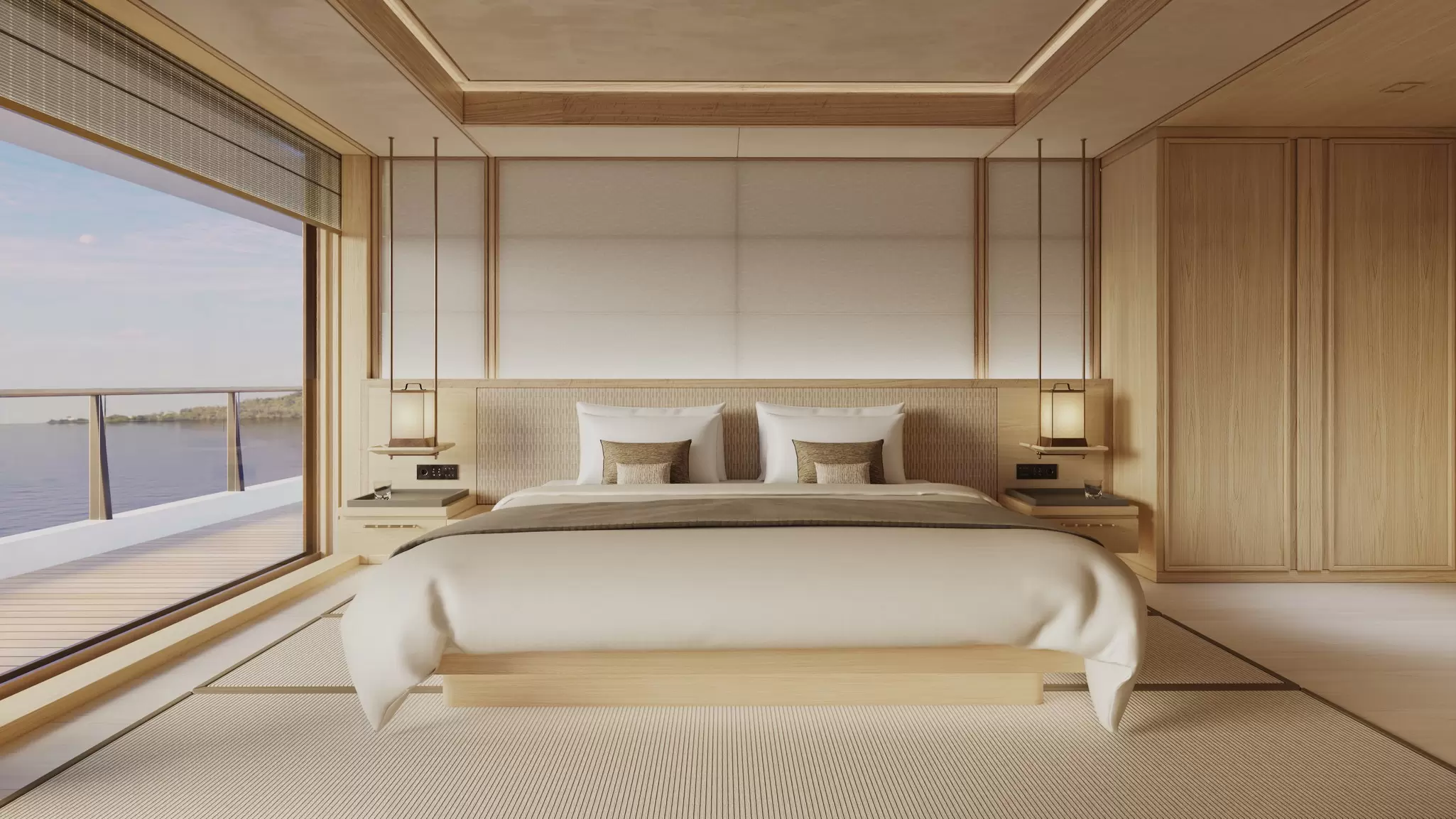 Bedroom aboard luxury yacht