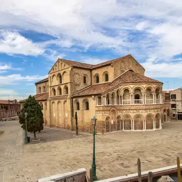 Exterior of the Basilica dei Santi Maria e Donato on the island of Murano in the Venetian Lagoon in Italy.