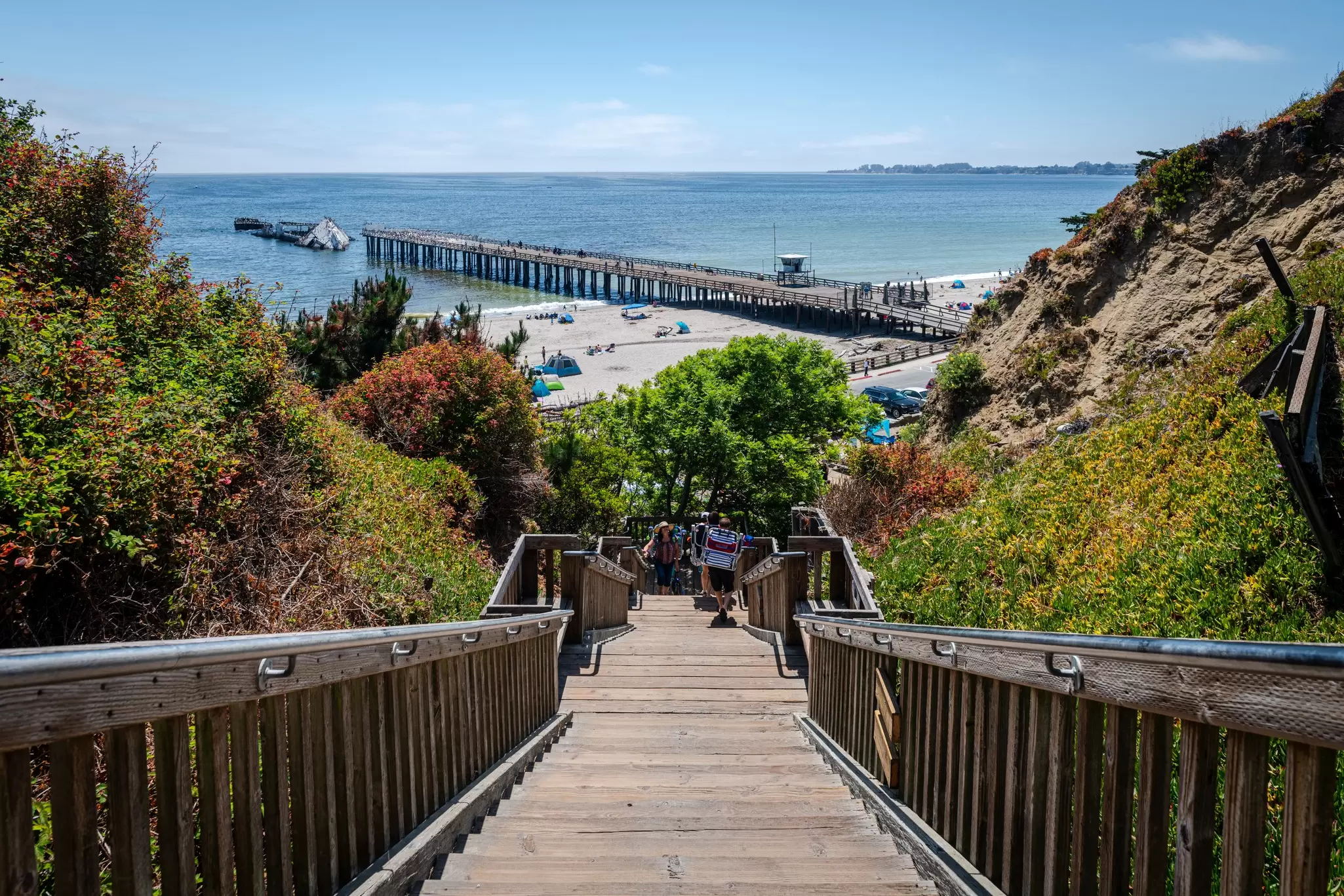Wooden stairs leading down to Seacliff State Beach. Yiming Chen/Getty Images