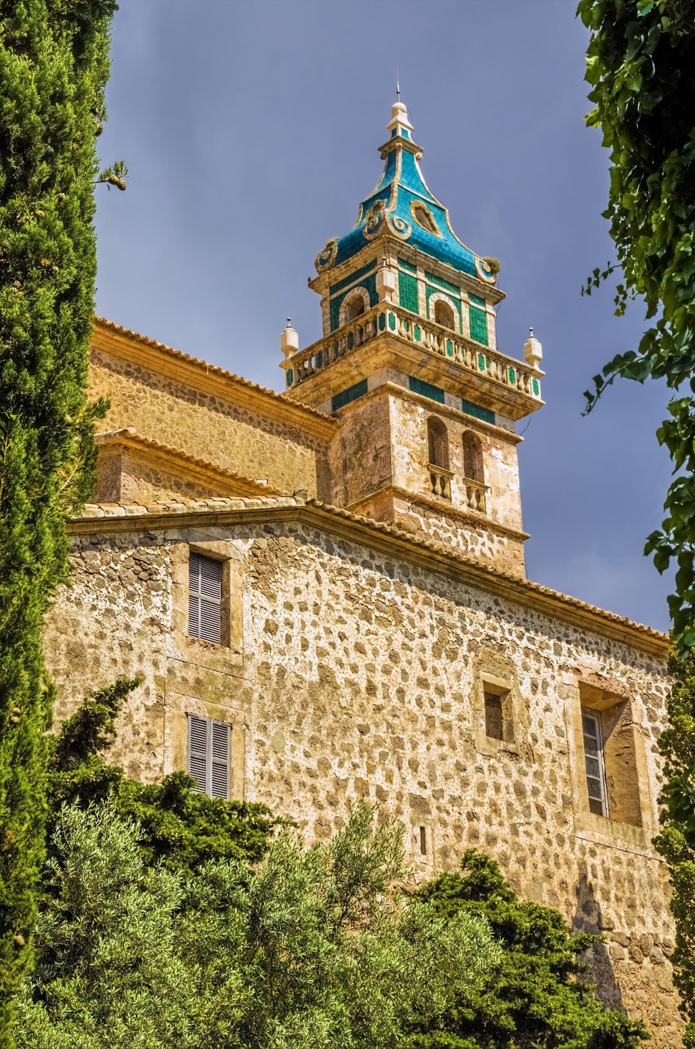 Exterior view of the Real Cartuja de Valldemossa on the island of Mallorca, Spain.