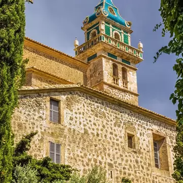 Exterior view of the Real Cartuja de Valldemossa on the island of Mallorca, Spain.