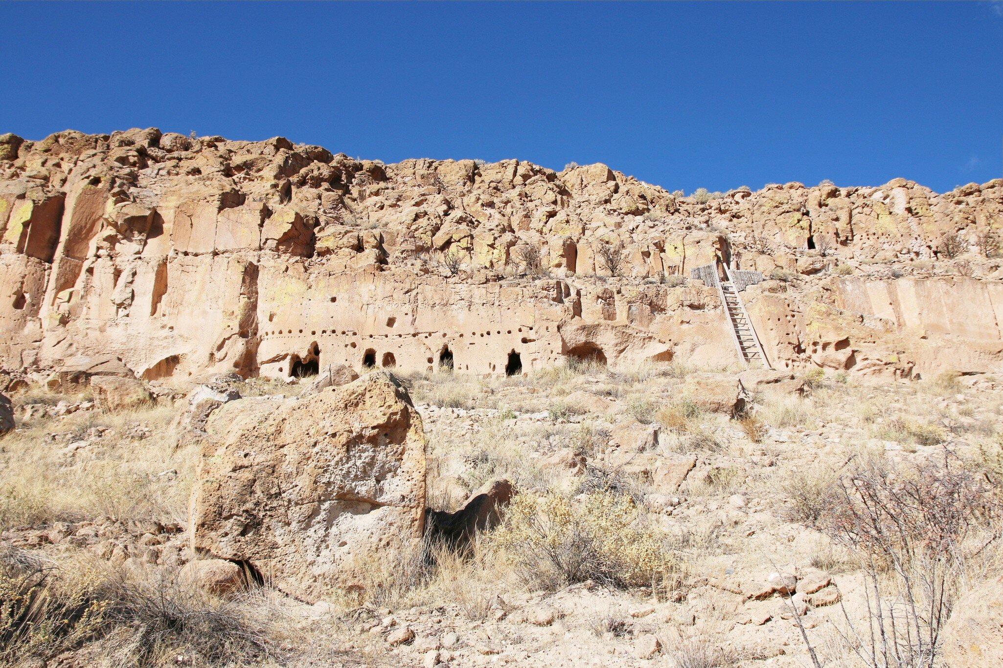 Panoramic view on the Puye Cliff Dwellings of ancestral Indian Pueblo, New Mexico,.