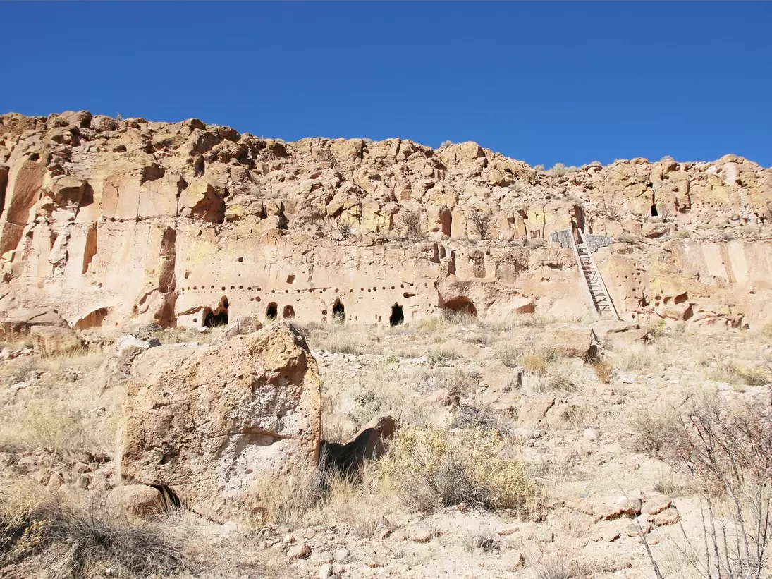 Panoramic view on the Puye Cliff Dwellings of ancestral Indian Pueblo, New Mexico,.