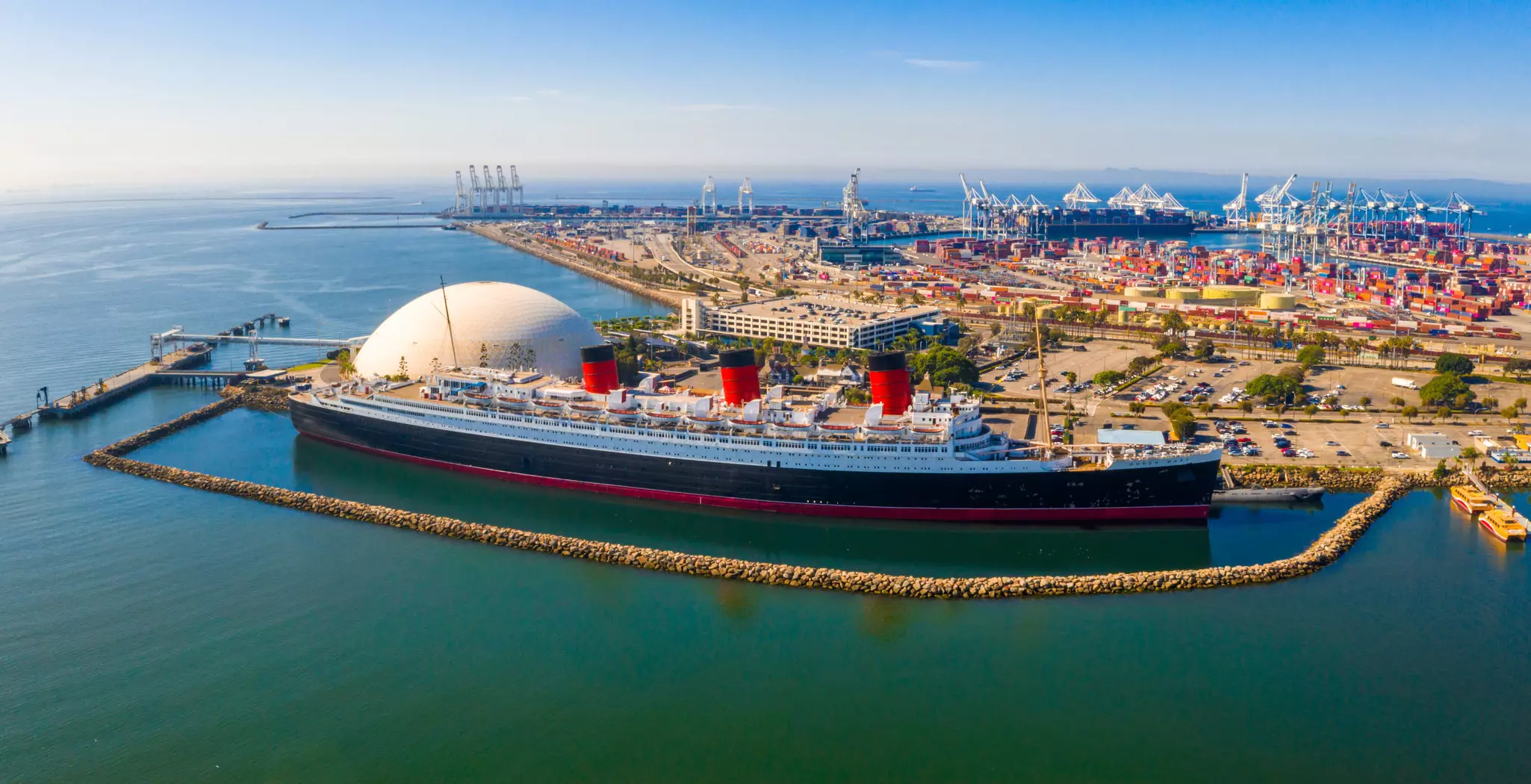 aerial view of Queen Mary in Long Beach, CA