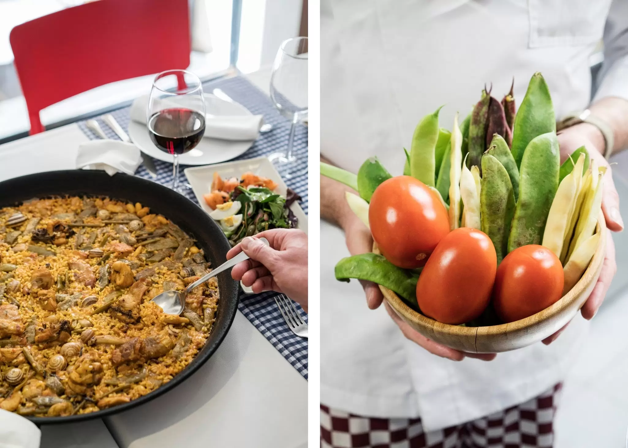 Left: a large rice-based dish in a pot; right: a hand holds out a basket of fresh ingredients including tomatoes and green beans