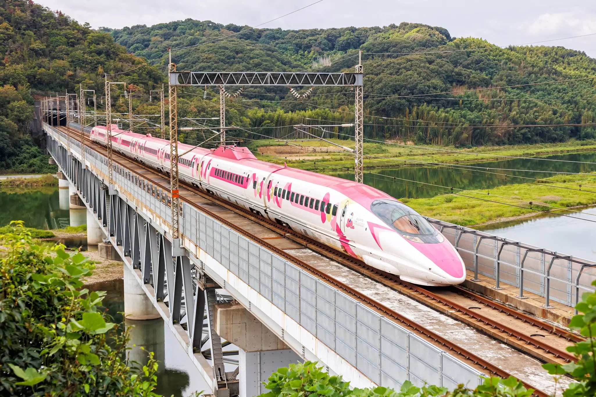 A bullet train painted with pink motifs travels on a viaduct in a lush, mountainous landscape.