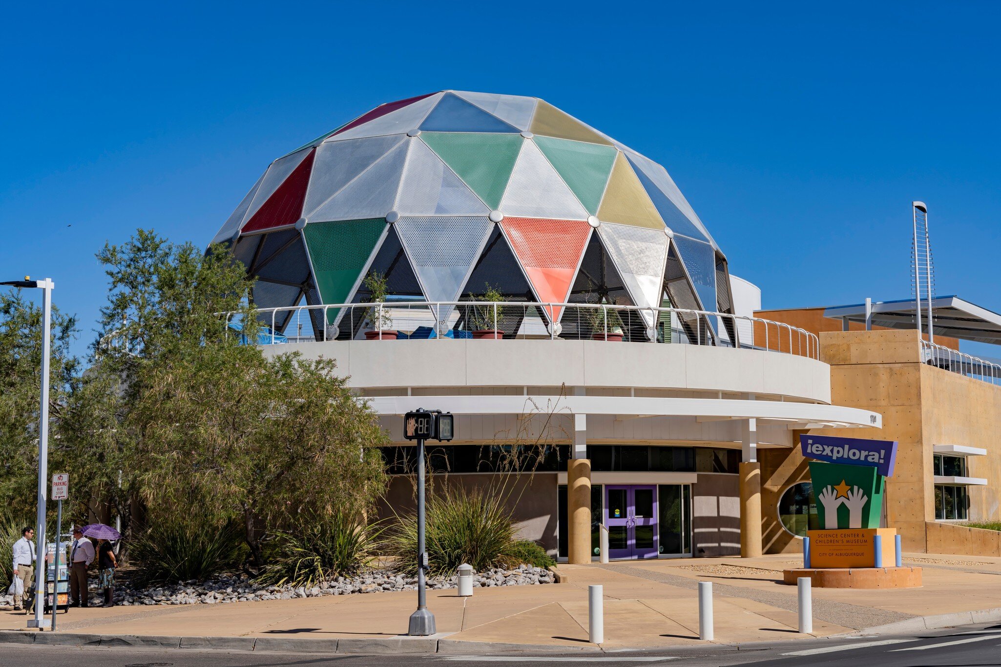 Explora Science Center entrance showing the building's multi-colored dome roof.