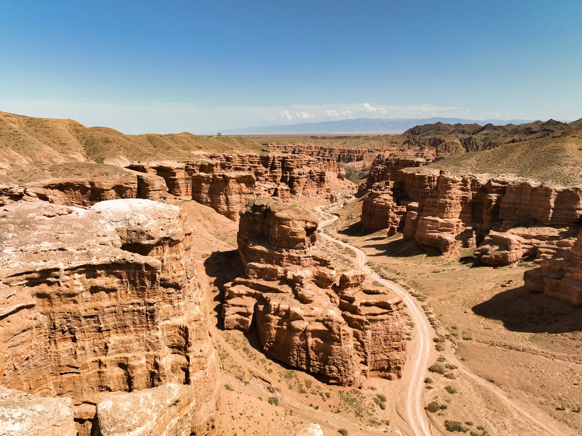 An aerial view of spectacular rock formations in a remote canyon, Kazakhstan
