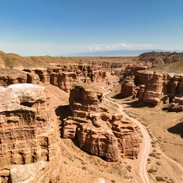 An aerial view of spectacular rock formations in a remote canyon, Kazakhstan
