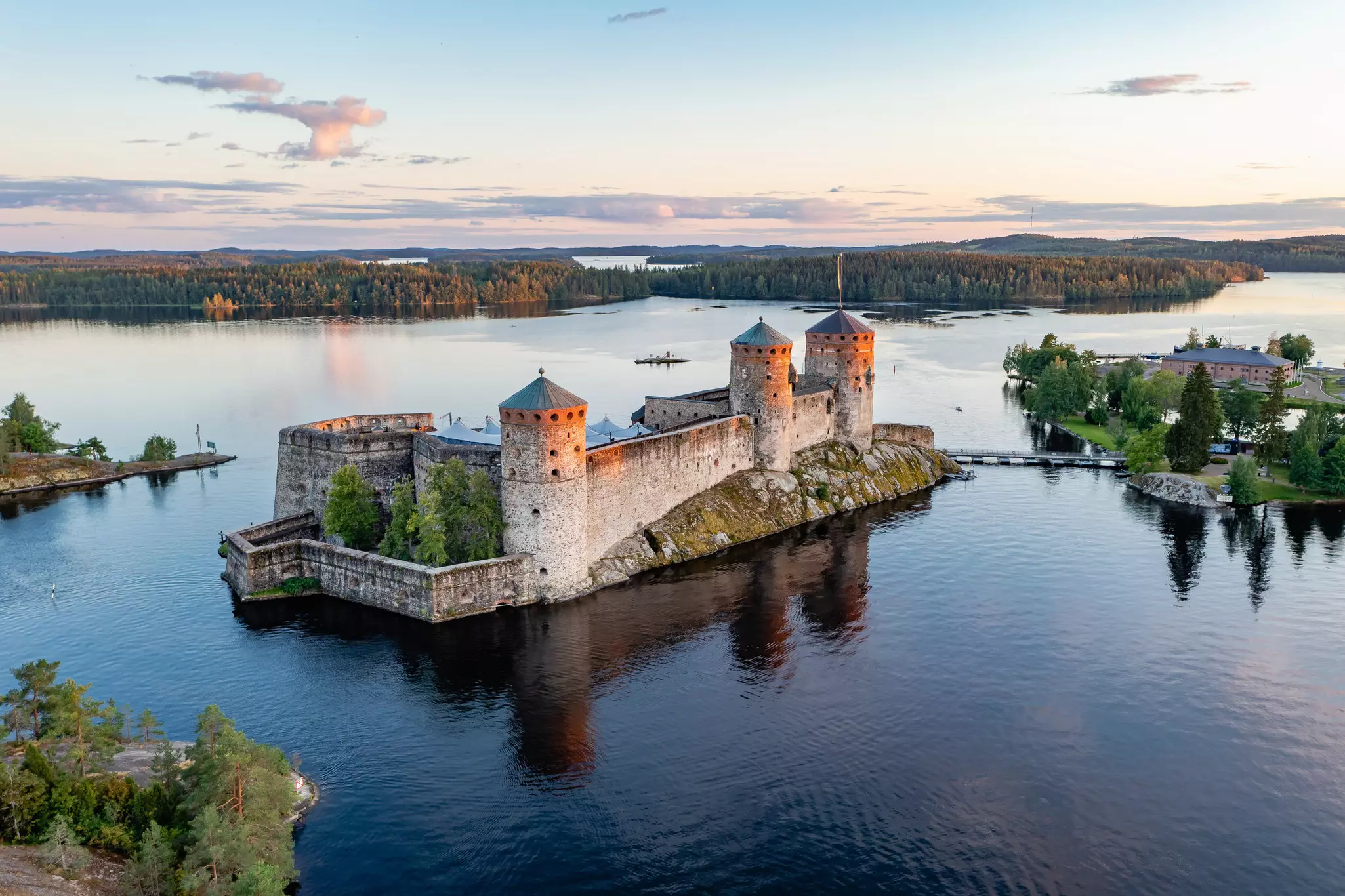 Aerial view of Olavinlinna medieval castle in Savonlinna, Finland.