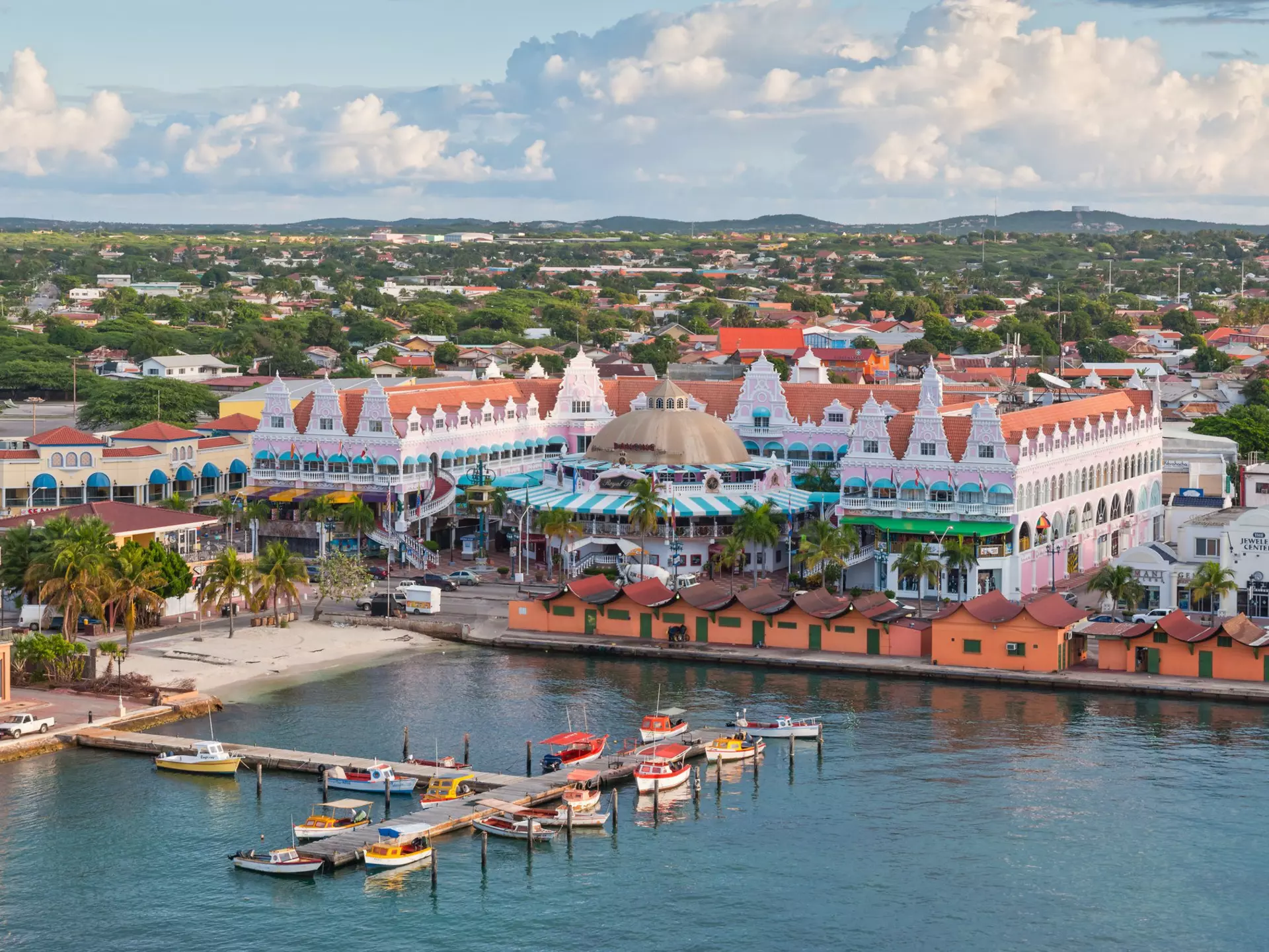 View from above of colorful buildings in Oranjestad on the island of Aruba