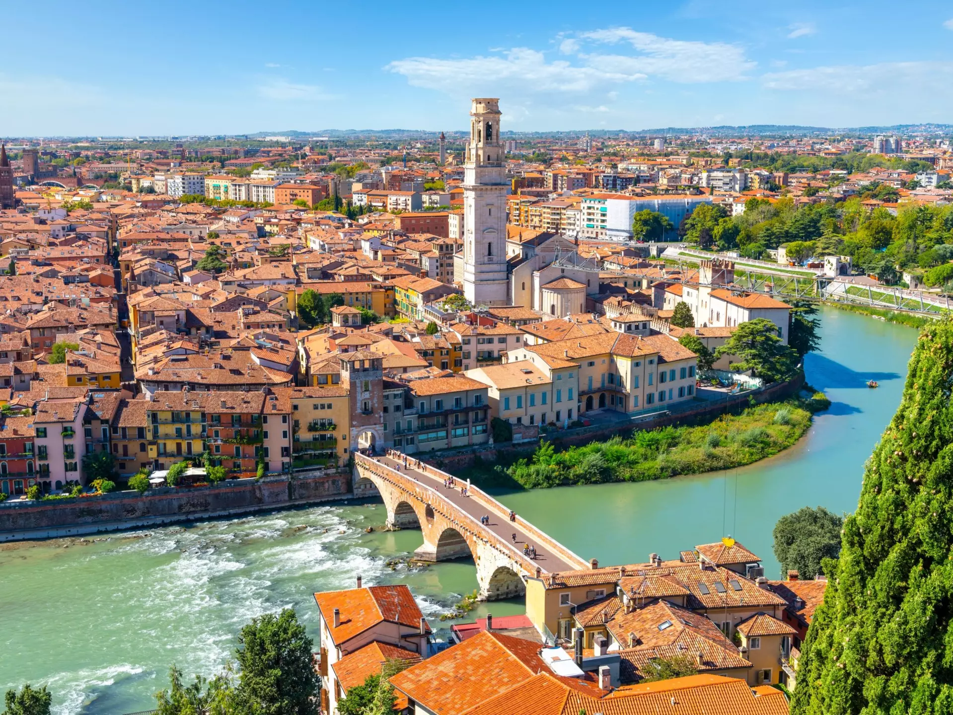 Verona, Italy - September 19 2022: View of the historic center of the city of Verona, Italy and the Ponte Pietra bridge and river Adige from the hillside fortress of Castel San Pietro., License Type: media, Download Time: 2024-12-16T19:02:26.000Z, User: comptonsheldon109, Editorial: true, purchase_order: 56530 - Guidebooks, job: Global Publishing WIP, client: Italian Lakes 4, other: Compton Sheldon