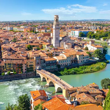 Verona, Italy - September 19 2022: View of the historic center of the city of Verona, Italy and the Ponte Pietra bridge and river Adige from the hillside fortress of Castel San Pietro., License Type: media, Download Time: 2024-12-16T19:02:26.000Z, User: comptonsheldon109, Editorial: true, purchase_order: 56530 - Guidebooks, job: Global Publishing WIP, client: Italian Lakes 4, other: Compton Sheldon