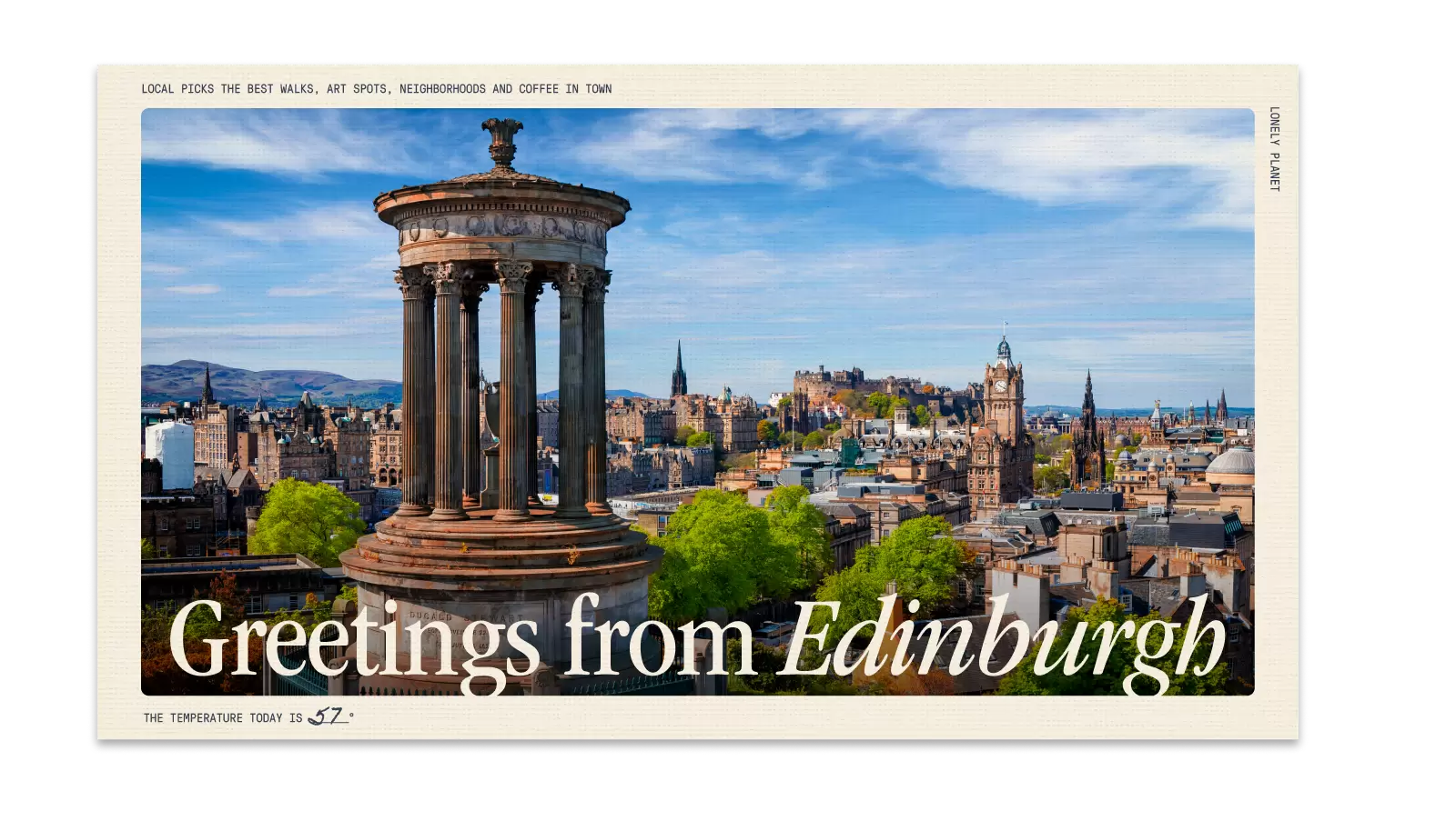 'Greetings from Edinburgh' postcard showing the Dugald Stewart Monument above the city skyline and castle