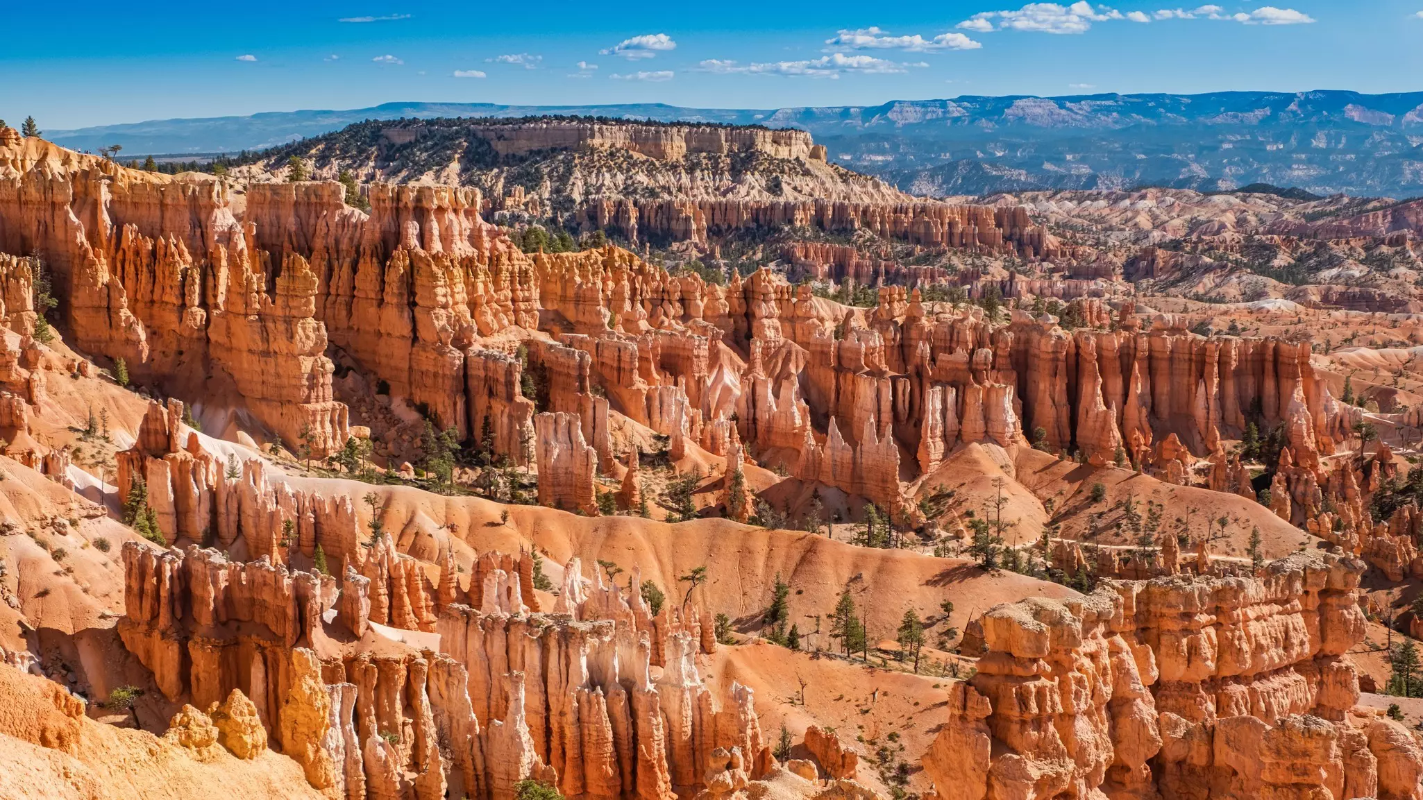 A wide valley of natural spire-like formations in reddish stone.