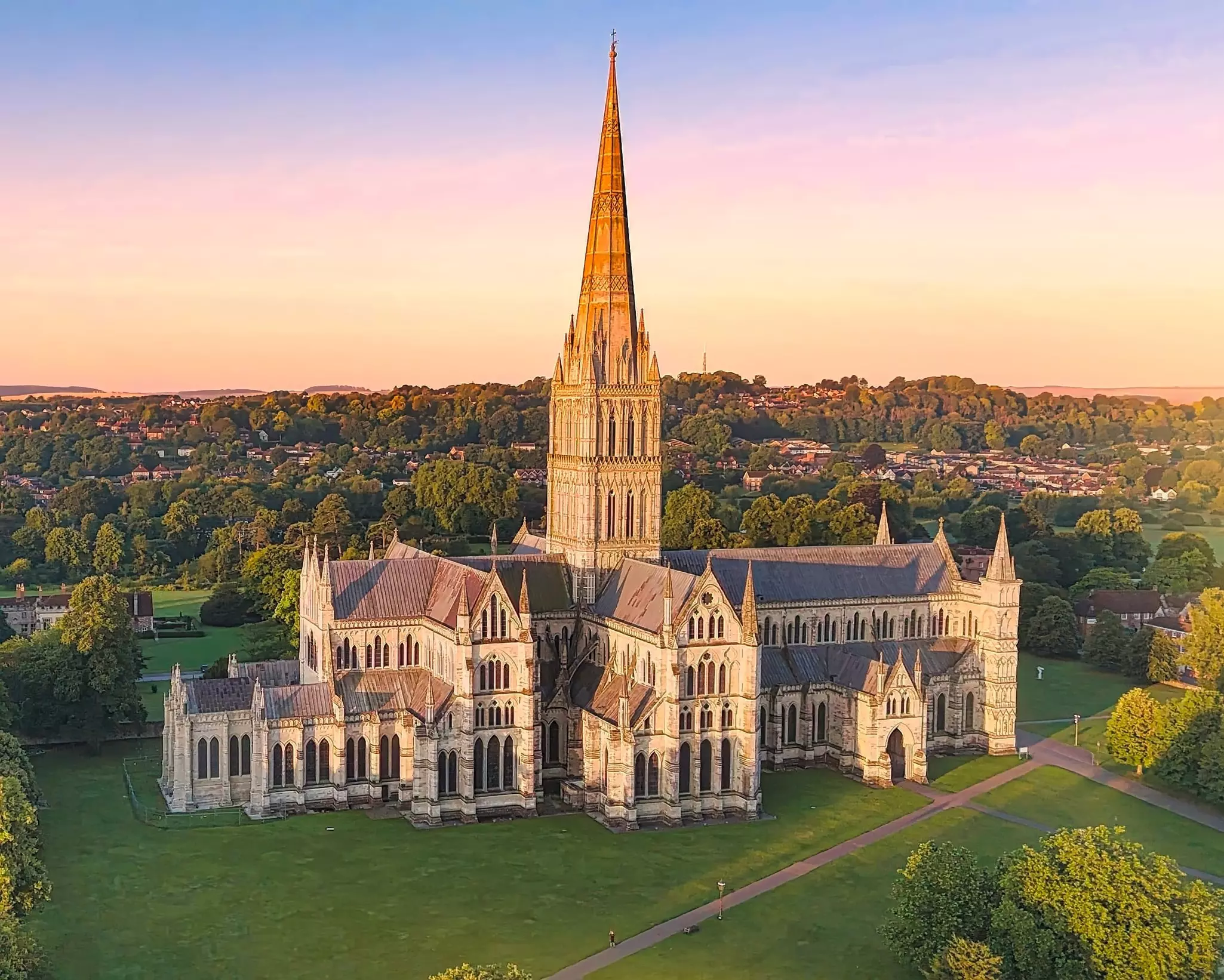 Salisbury Cathedral viewed from above during the golden hour, Salisbury, England.