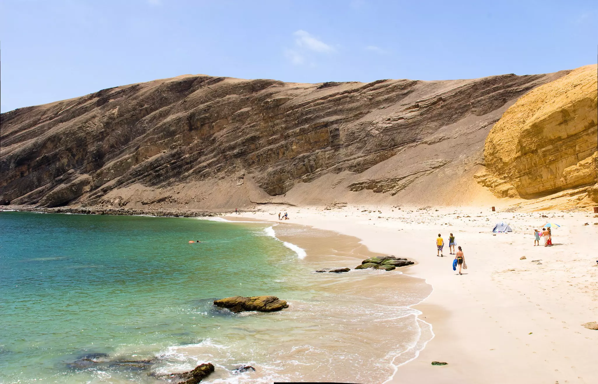 People walk along a stretch of sand backed by yellow cliffs and lapped by turquoise blue water at Paracas National Reserve
