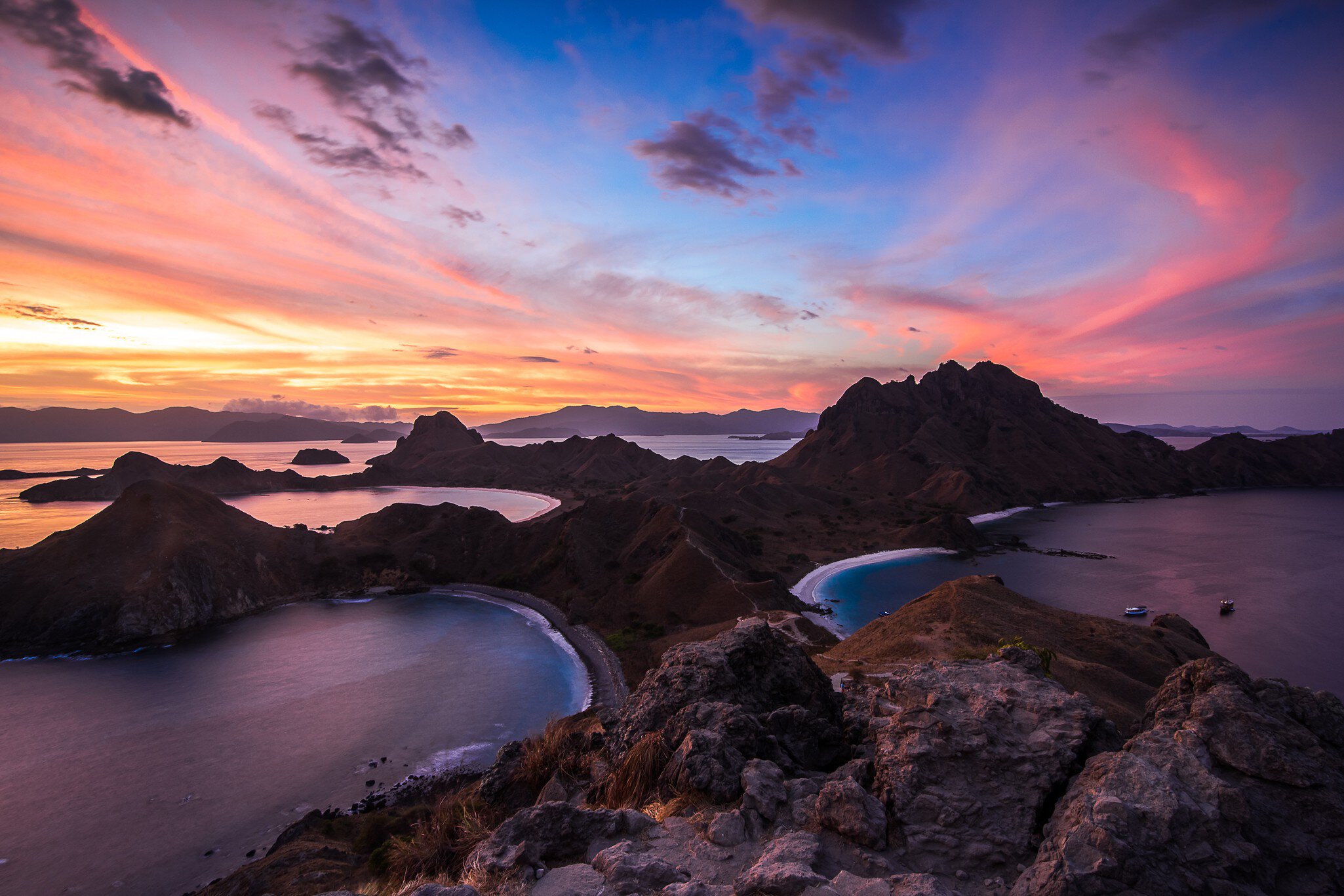 High-angle view of Padar Island at sunset.