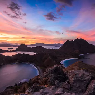 High-angle view of Padar Island at sunset.