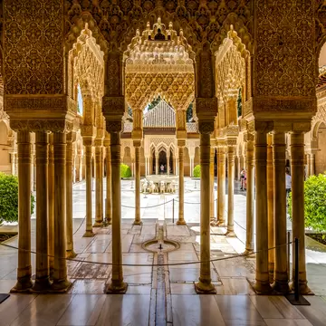 Court of the Lions is part of Nasrid Palaces of Alhambra palace complex, Granada, Spain