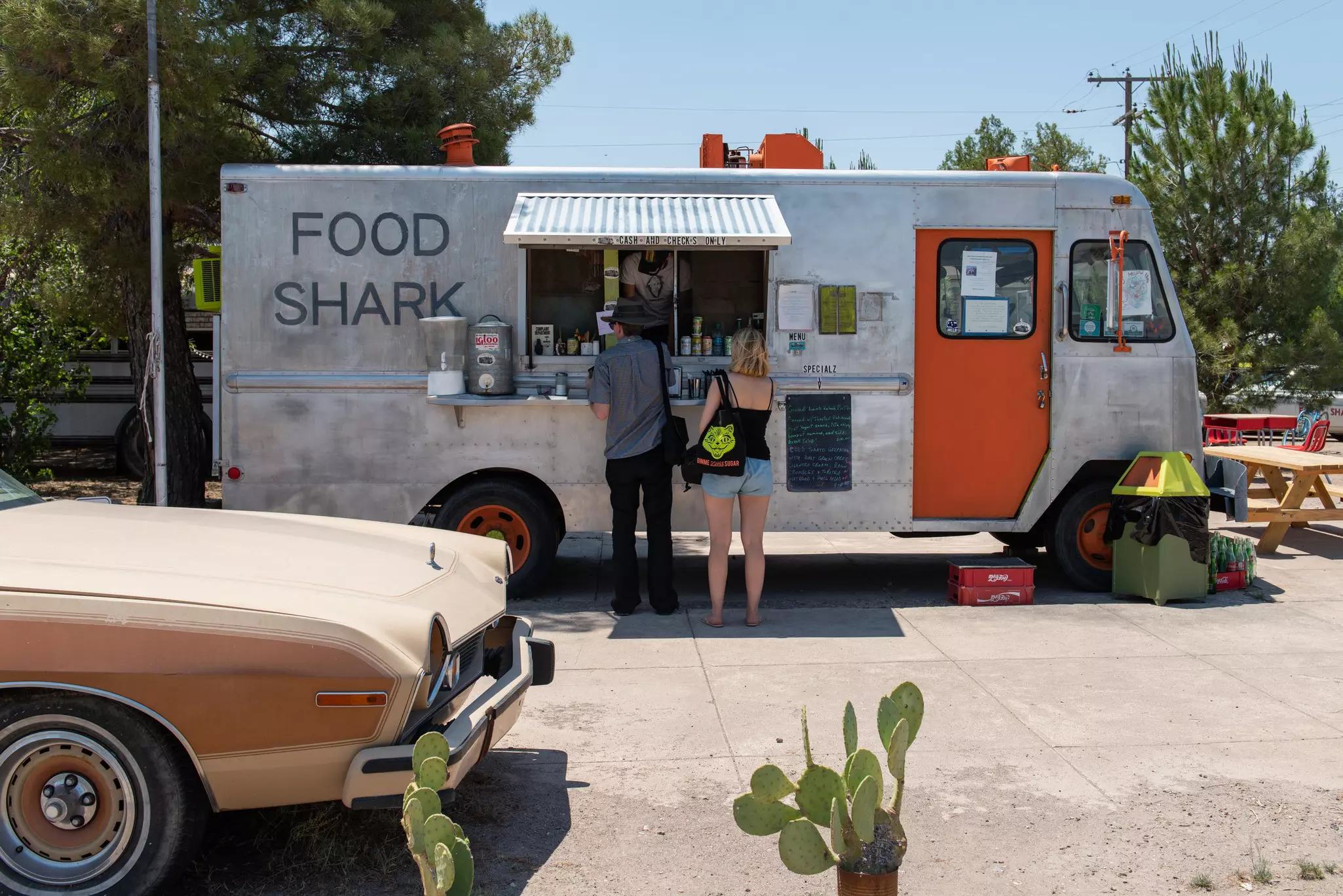 Food Shark Truck With Guests Ordering During Summer in Marfa, Texas